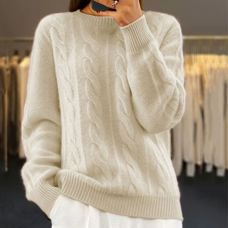 Women's Cable Knit Crew Neck Sweater with Relaxed Fit for Cosy Days