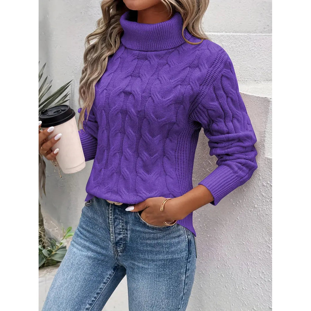 Women's purple cable knit turtleneck sweater
