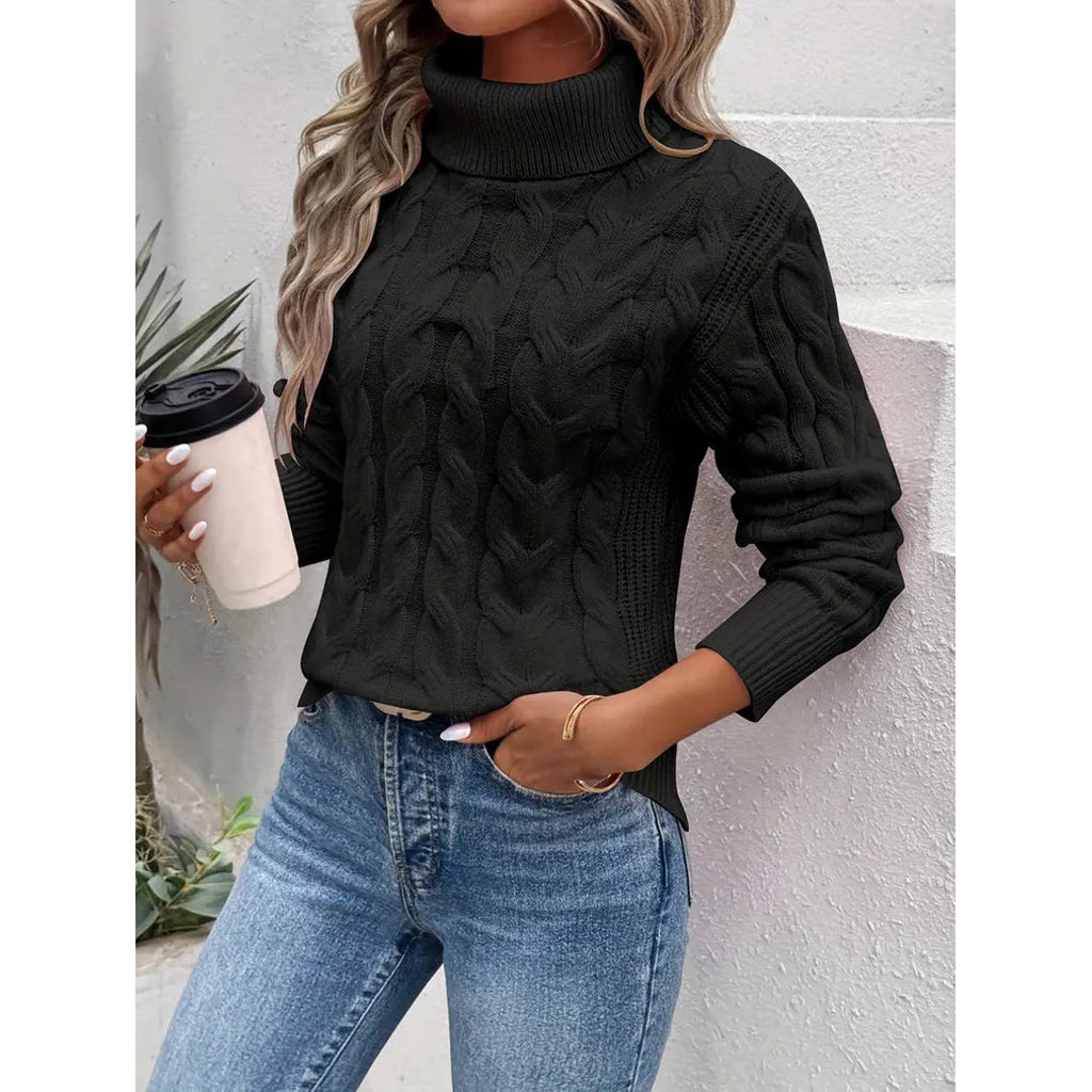 Women's black cable knit turtleneck sweater