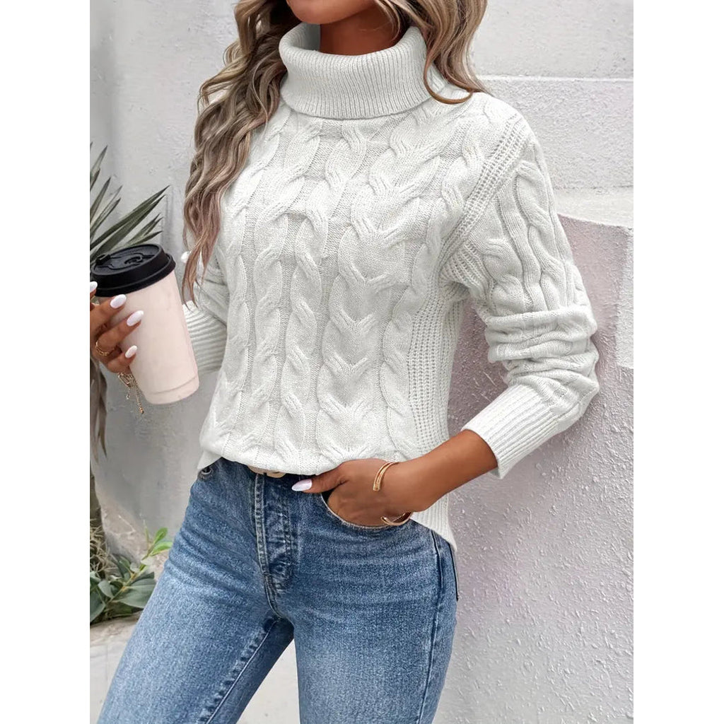 Women's white cable knit turtleneck sweater
