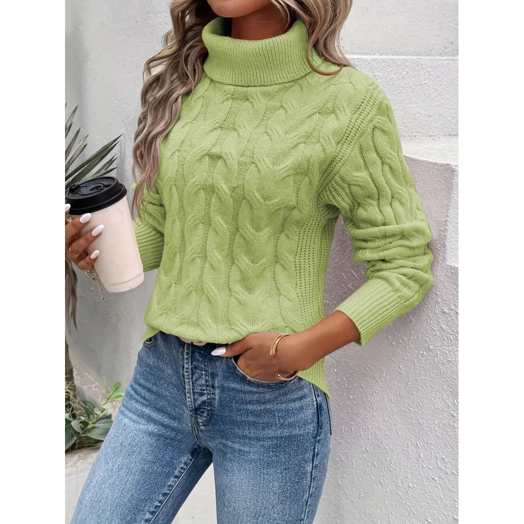 Women's light green cable knit turtleneck sweater