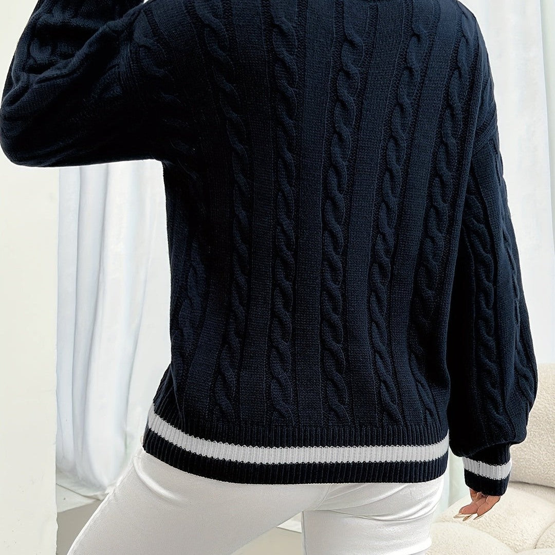 Women's cable knit v-neck sweater in navy blue, back view