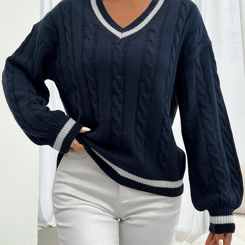 Women's cable knit v-neck sweater in navy blue, view 5