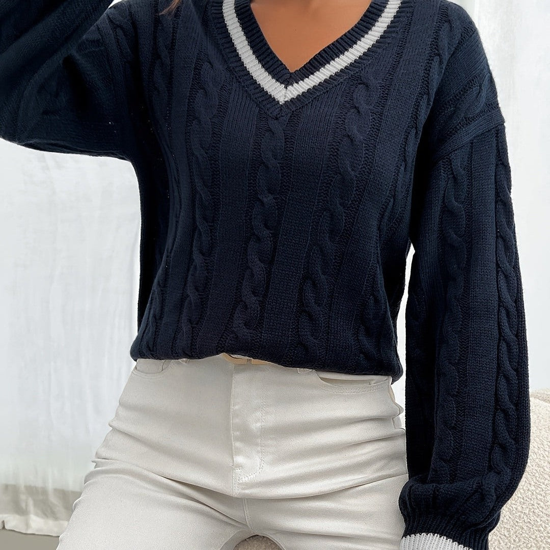 Women's cable knit v-neck sweater in navy blue, view 7