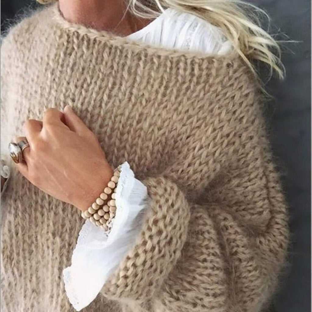 Women's camel chunky knit sweater – close-up
