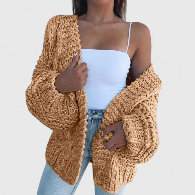Women's chunky knit open cardigan in camel