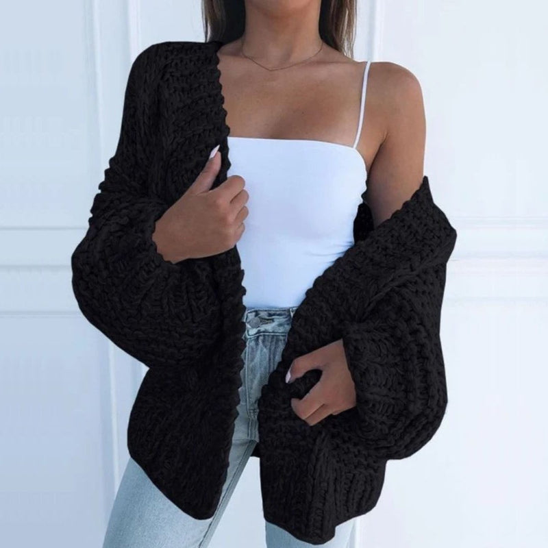 Women's black chunky knit cardigan – close-up