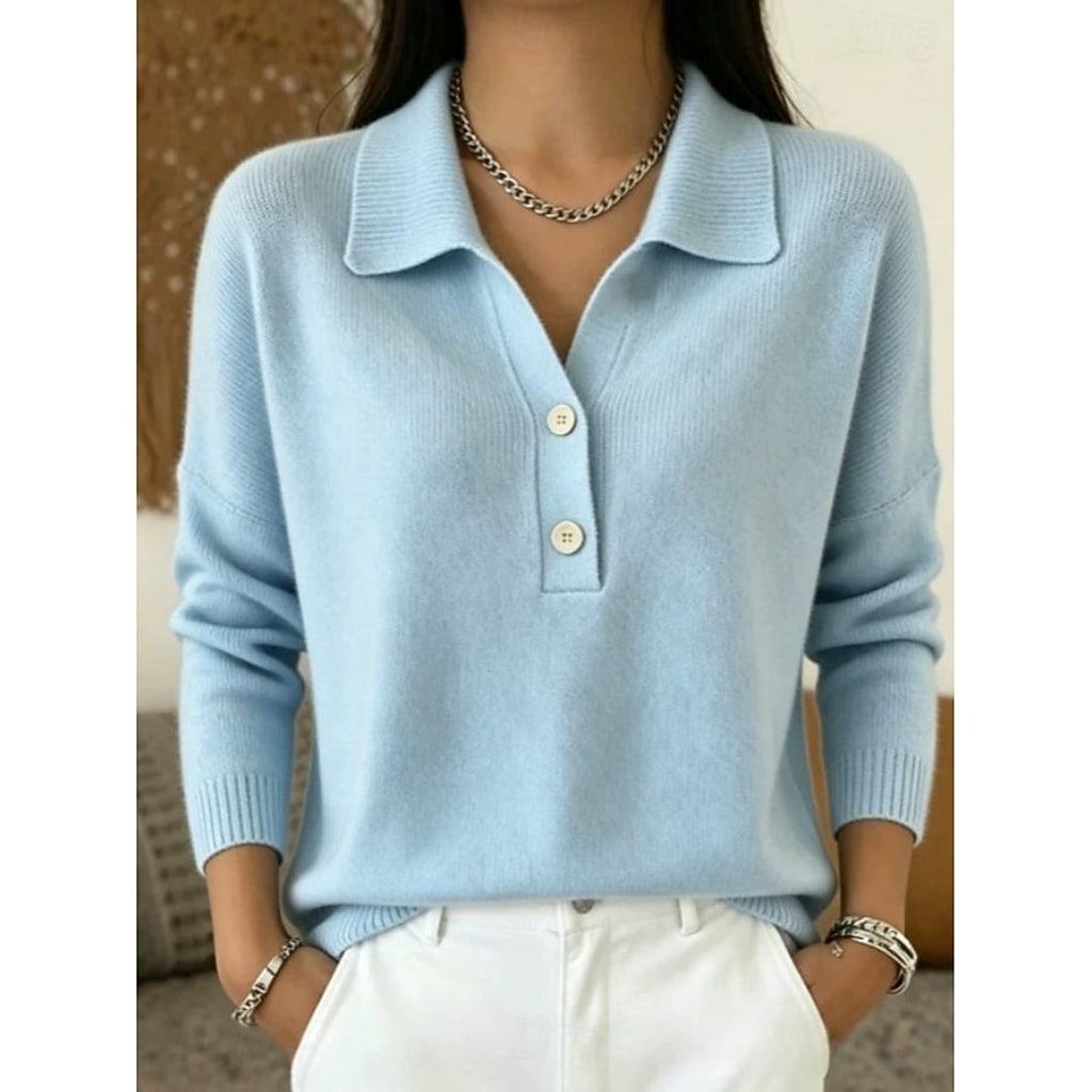 Women's light blue collared knit sweater with two buttons