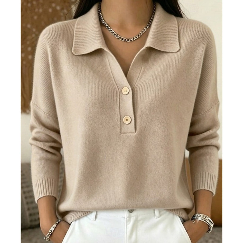 Women's beige knit sweater with collar and button neckline
