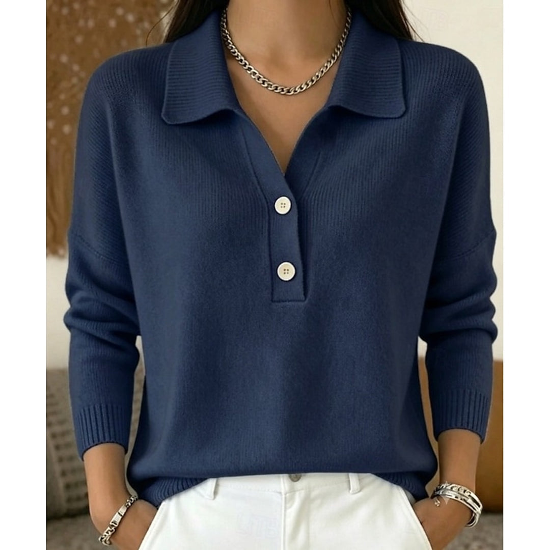 Women's navy blue collared knit sweater with two buttons