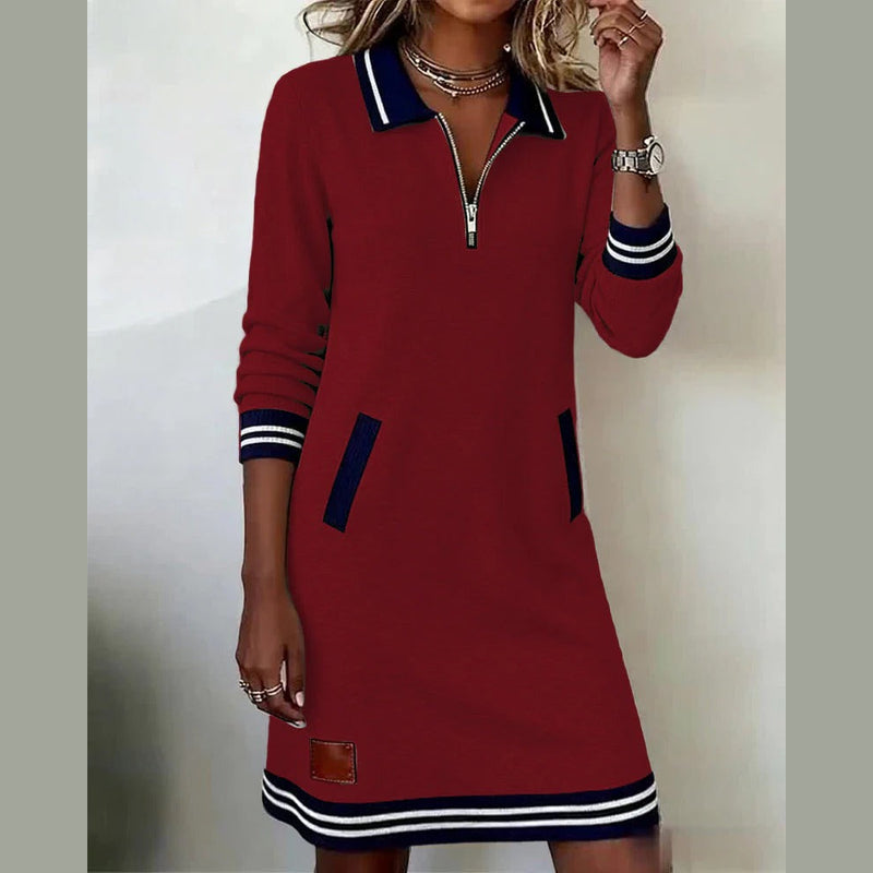 Woman wearing the red collared dress – front view