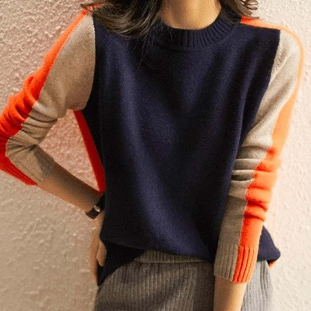 Women's navy colour block sweater with orange and beige sleeves