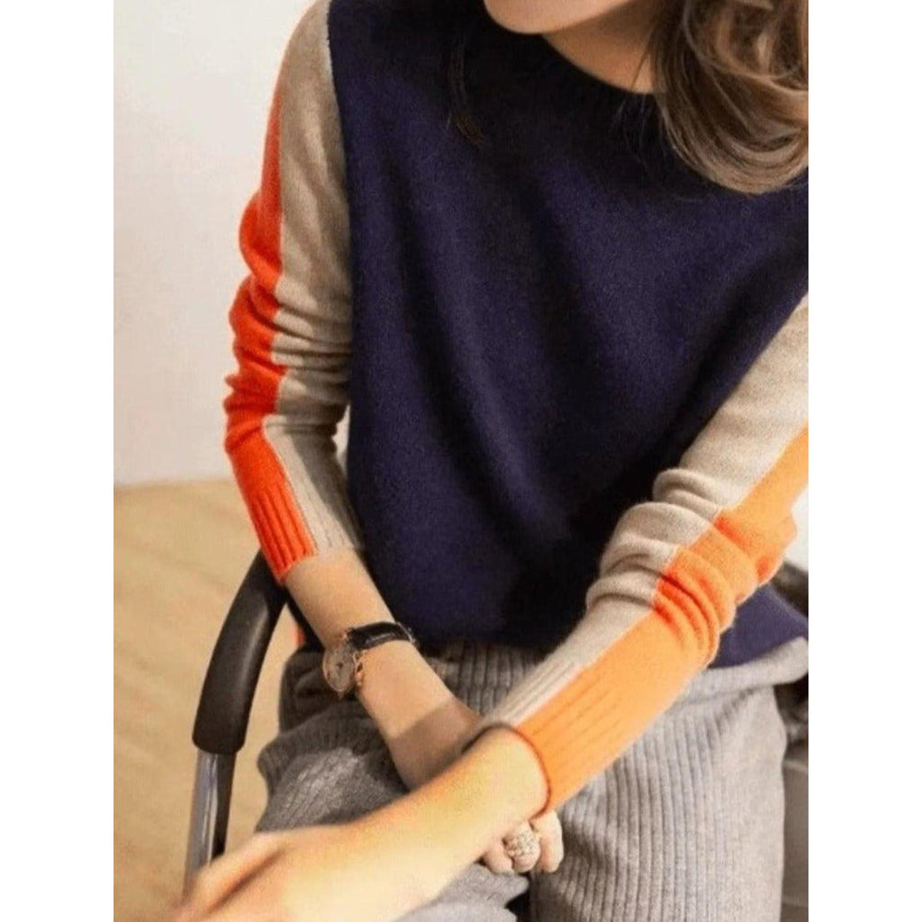 Woman wearing the navy colour block crew neck sweater