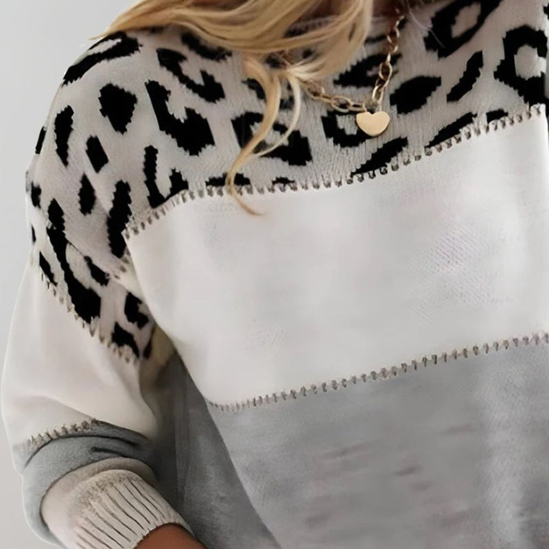 Women's colour block knit sweater with leopard print in grey – alternate view