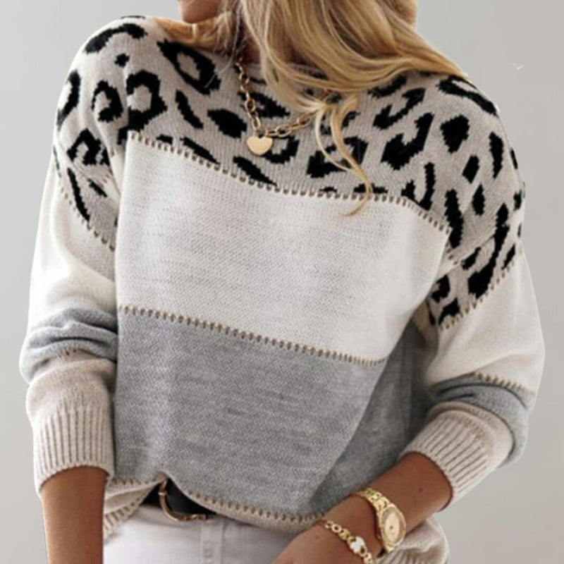 Women's colour block knit sweater with leopard print in grey – detail view