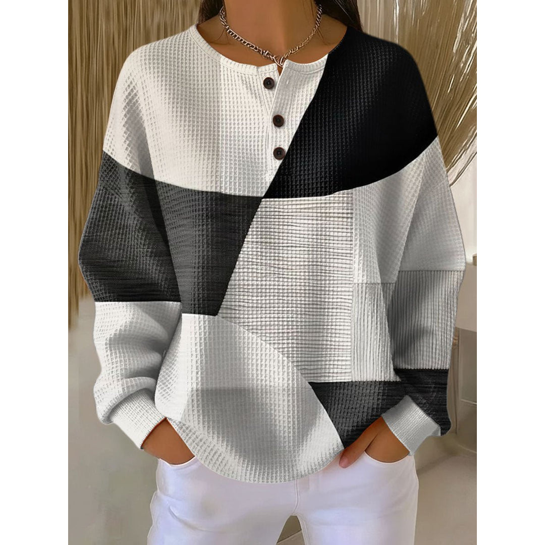 Women's colour block waffle henley sweater in black and white