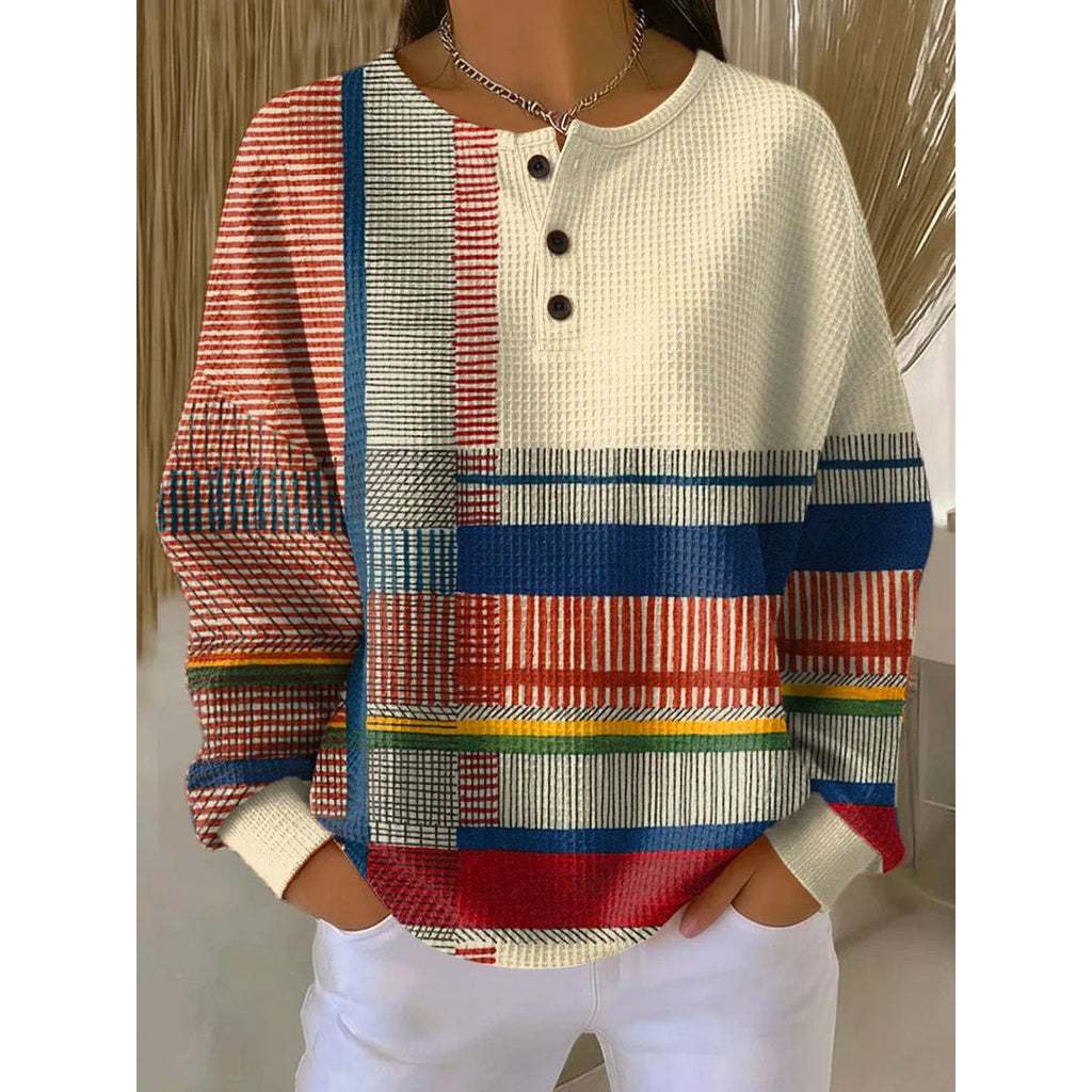 Women's multicolour patchwork henley sweater with striped panels