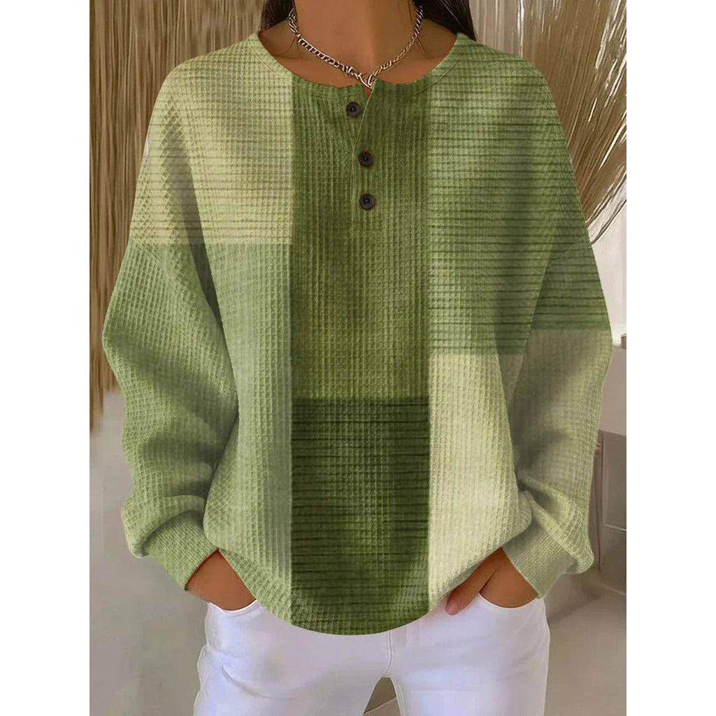 Women's green colour block waffle knit henley sweater