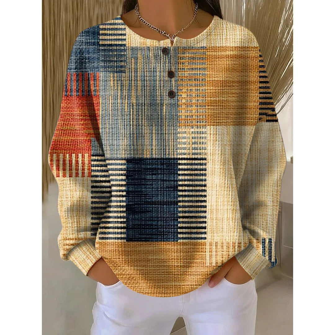 Women's yellow colour block henley sweater with patchwork design