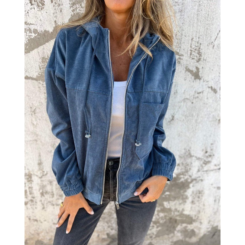 Women's corduroy hooded jacket in blue