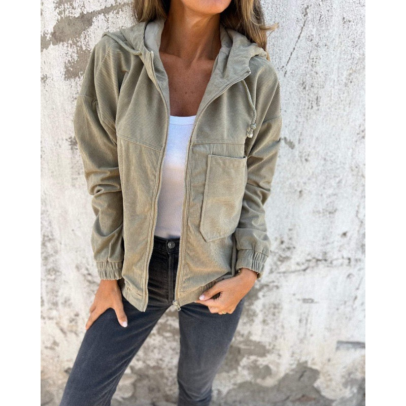 Women's corduroy hooded jacket in green
