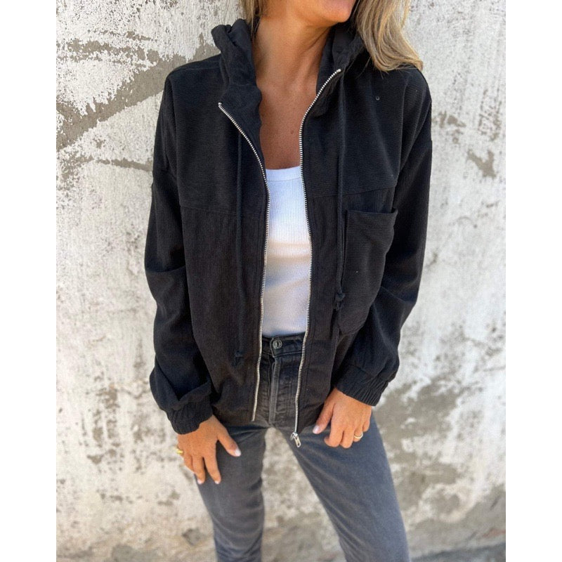Women's corduroy hooded jacket in black