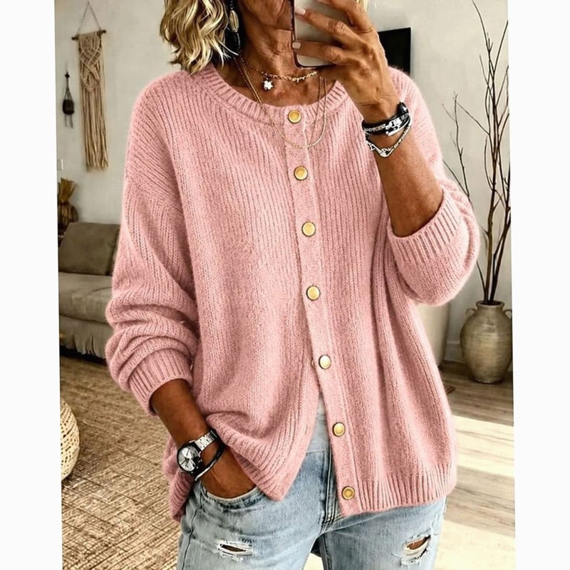 Women's Crew Neck Button Cardigan with Oversized Fit for Everyday Wear