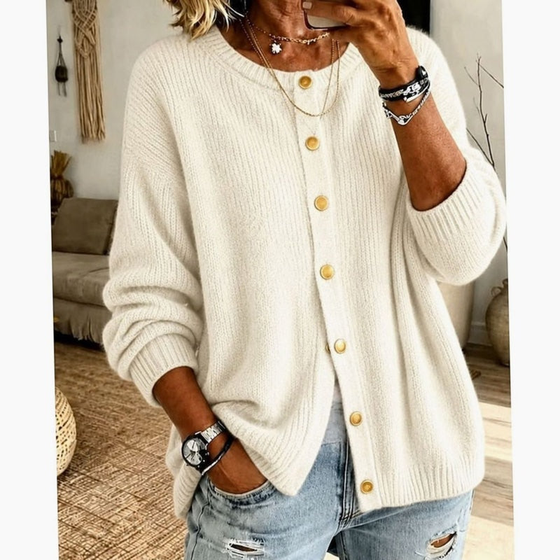 Women's crew neck button cardigan in beige