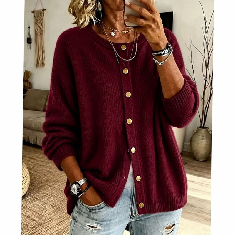 Women's crew neck button cardigan in red