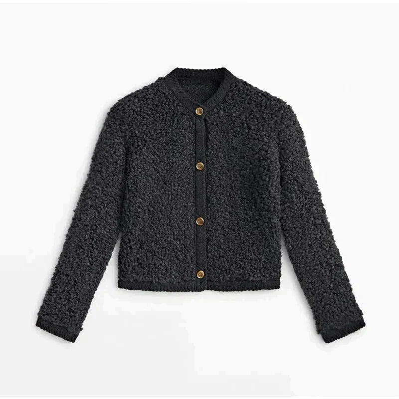 Women's Cropped Textured Knit Jacket with Gold-Tone Buttons for Smart Casual Days