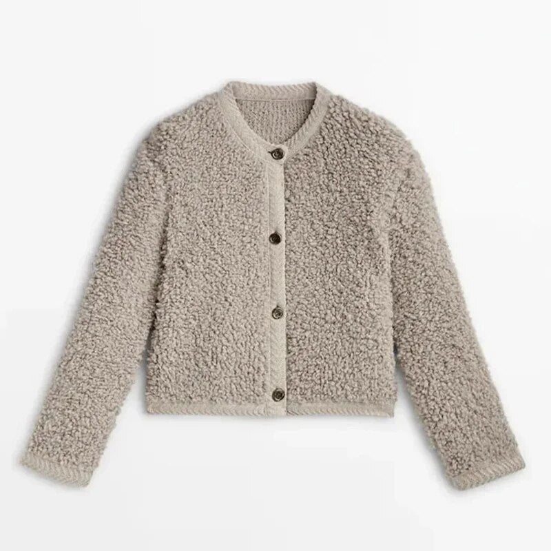 Women's cropped textured knit jacket in khaki