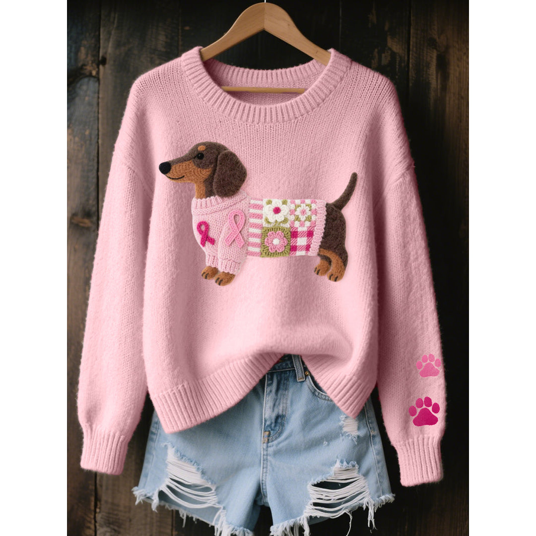Women's pink knit sweater with dachshund motif
