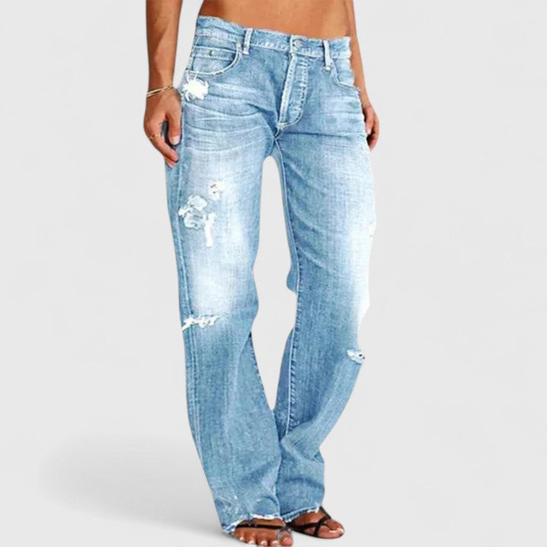 Women's light blue distressed loose fit jeans