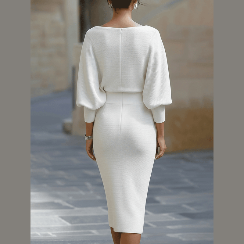 Woman wearing the white draped midi dress – front view