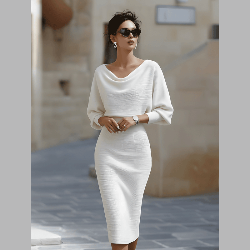 Woman wearing the white draped midi dress – walking