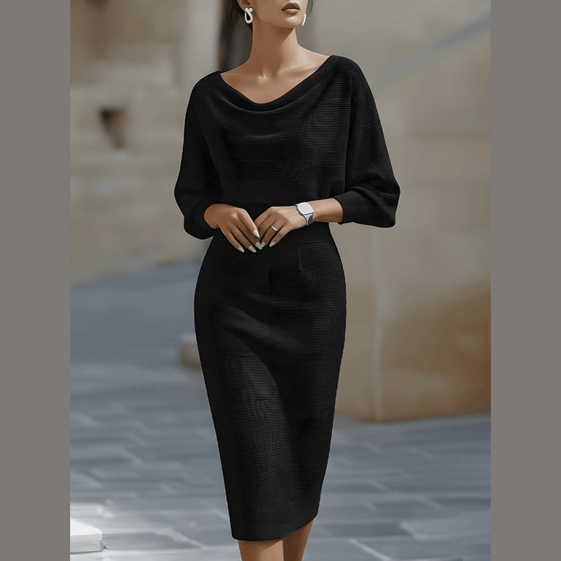 Women's draped batwing midi dress in black