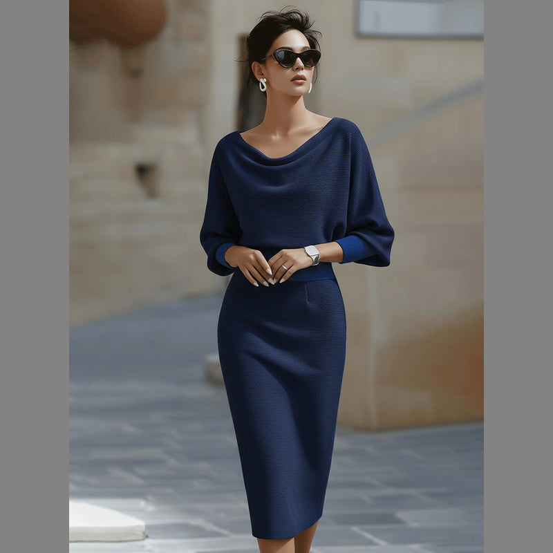 Women's draped batwing midi dress in navy blue