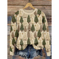 Women's beige knit sweater with green Christmas tree print