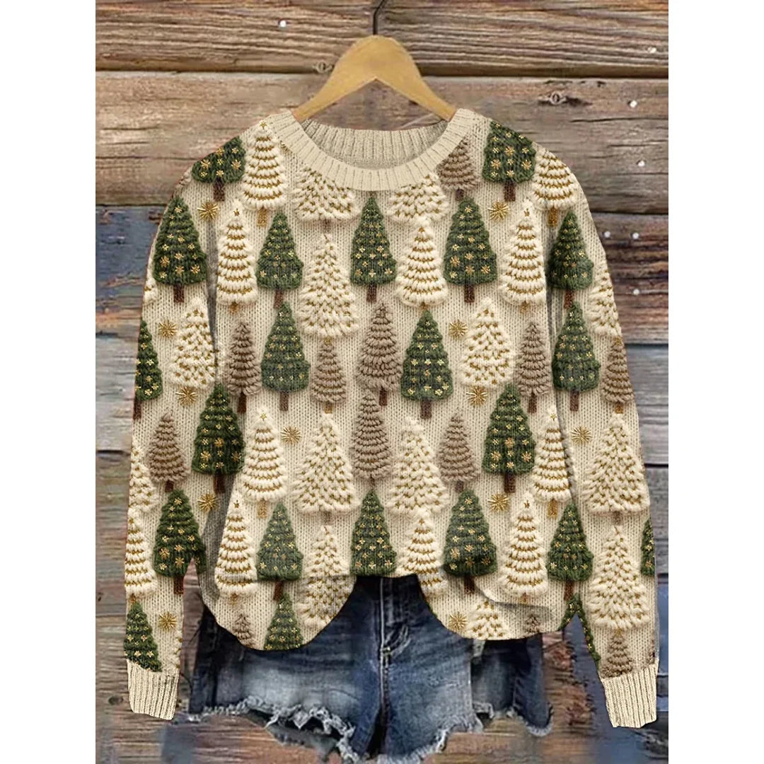 Women's beige knit sweater with green Christmas tree print