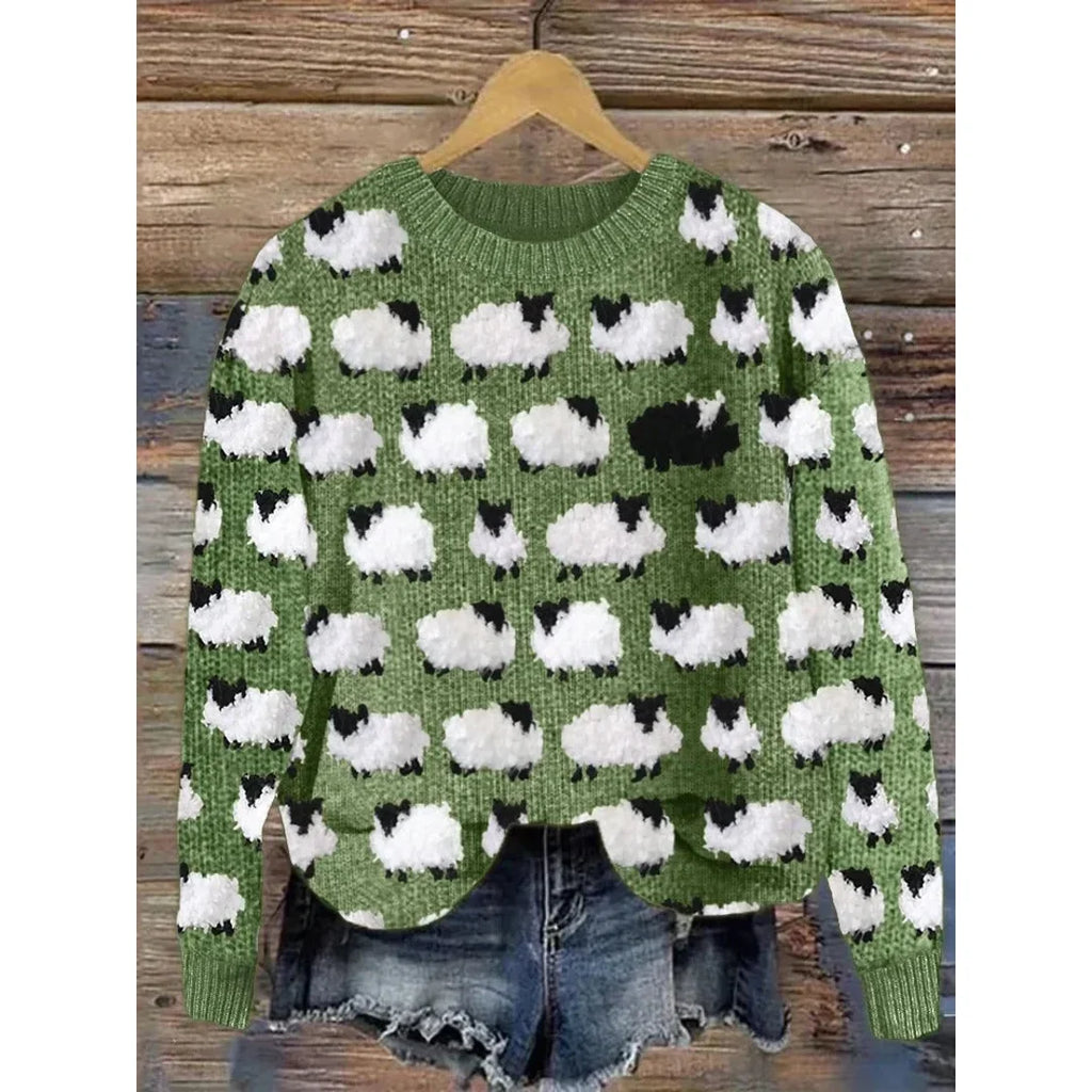 Women's green knit sweater with white sheep print
