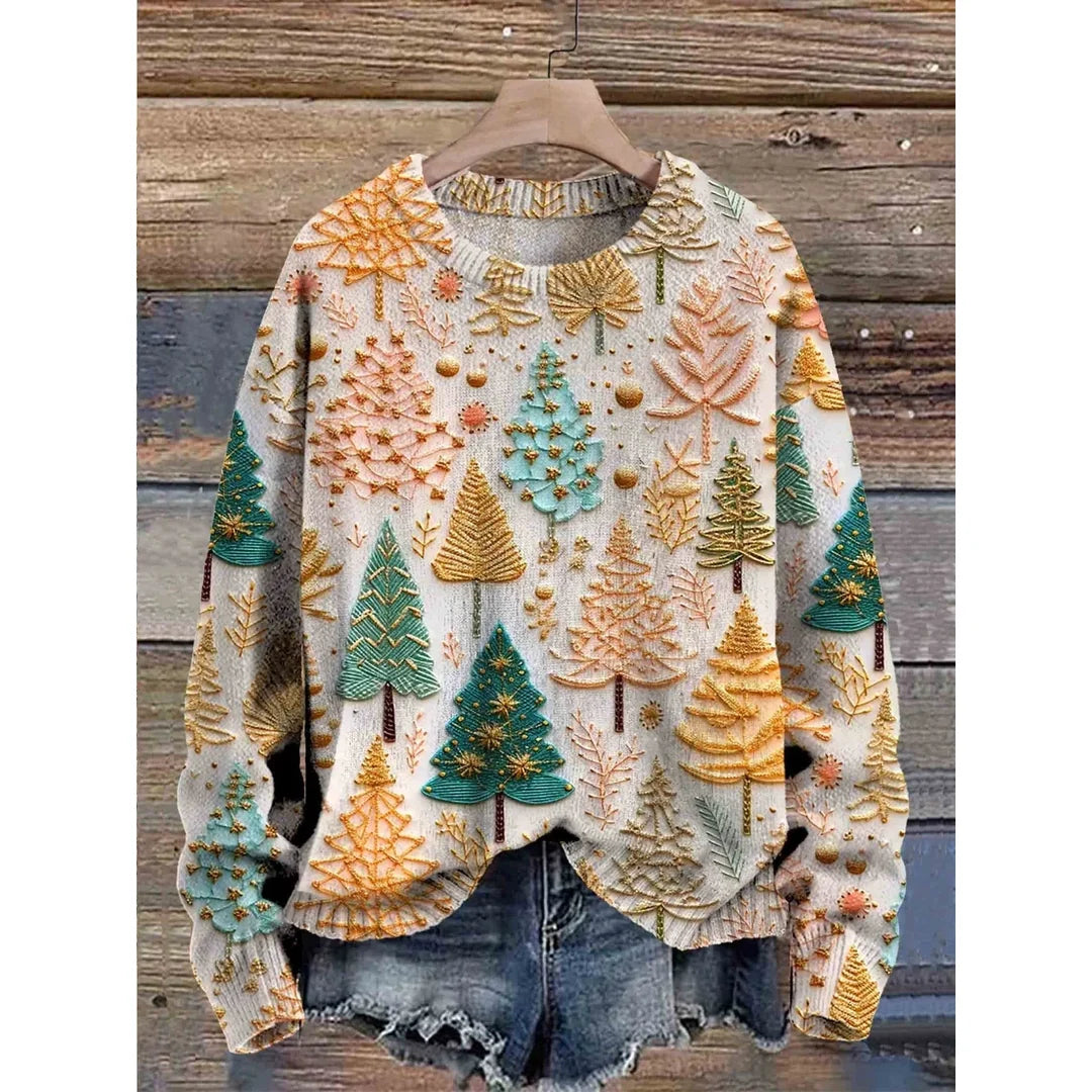 Women's cream knit sweater with colourful Christmas tree print