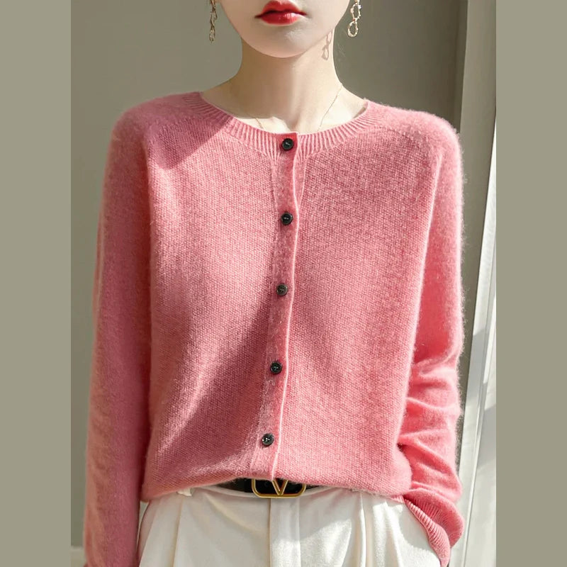 Women's Fine Knit Crew Neck Cardigan with Button Front for Everyday Wear