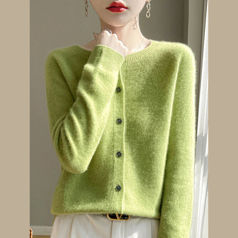 Women's fine knit crew neck cardigan in apple green
