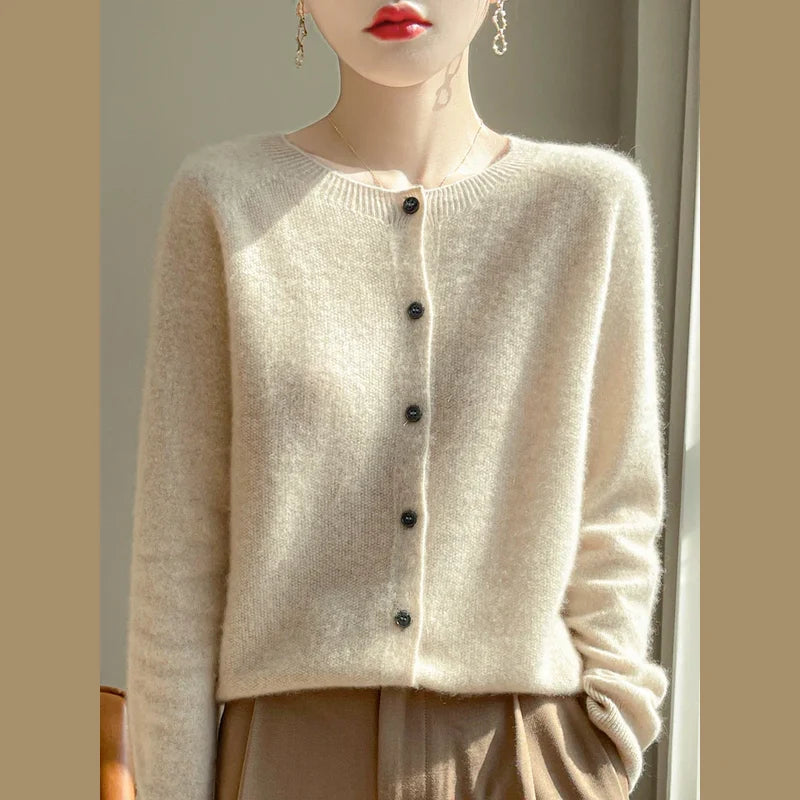 Women's fine knit crew neck cardigan in beige