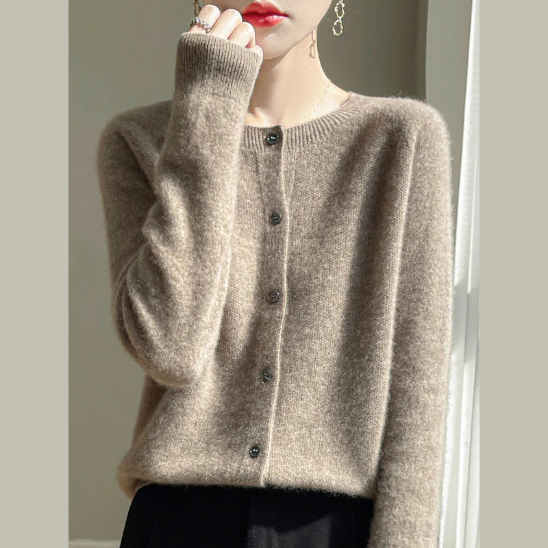 Women's fine knit crew neck cardigan in camel