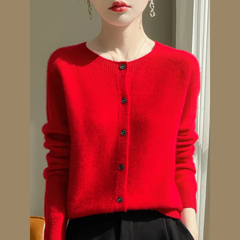 Women's fine knit crew neck cardigan in red