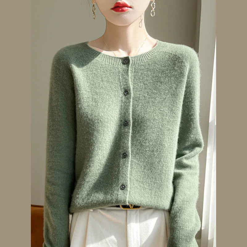 Women's fine knit crew neck cardigan in mint green