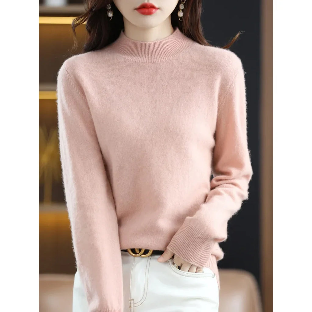 Women's pink fine knit mock neck sweater