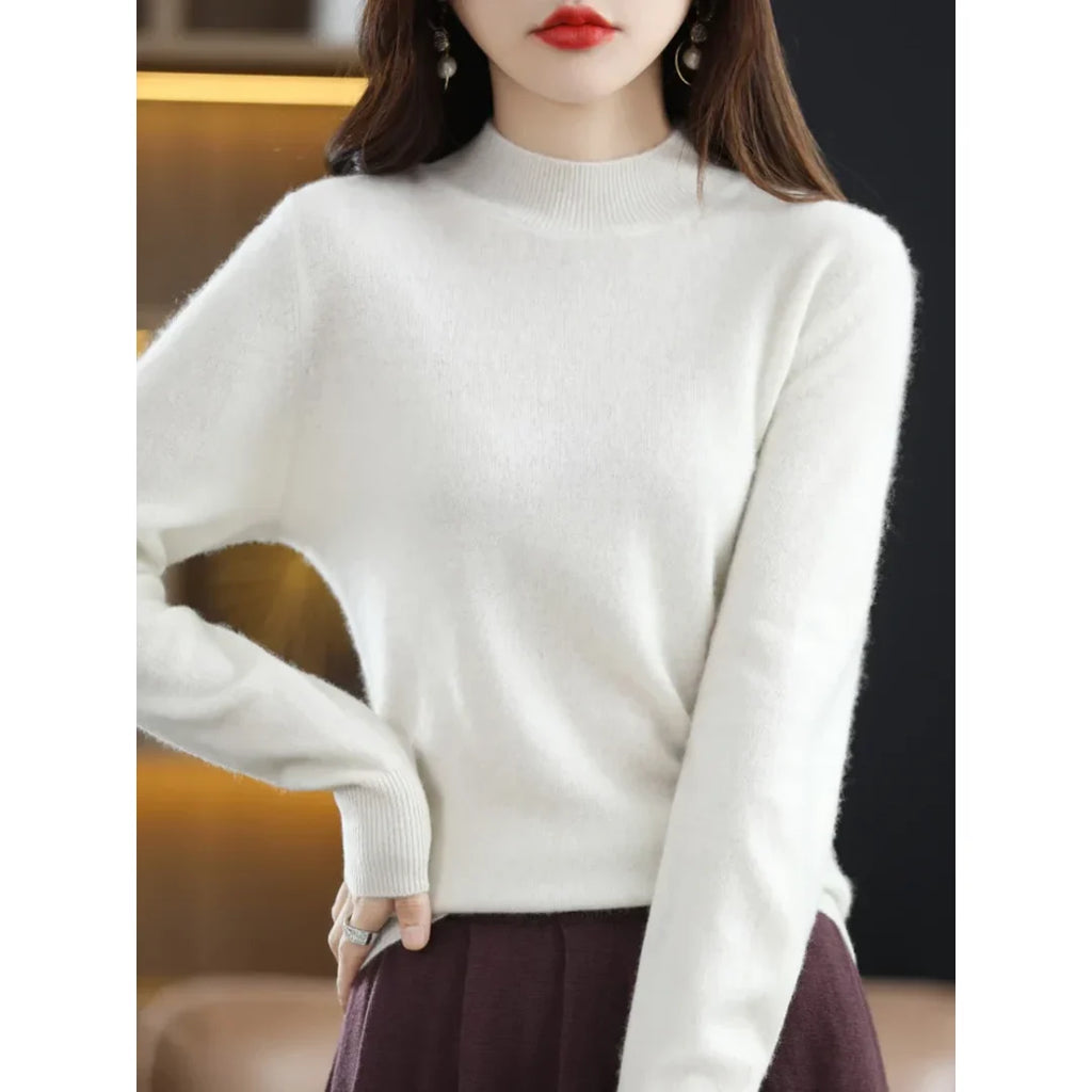 Women's white fine knit mock neck sweater