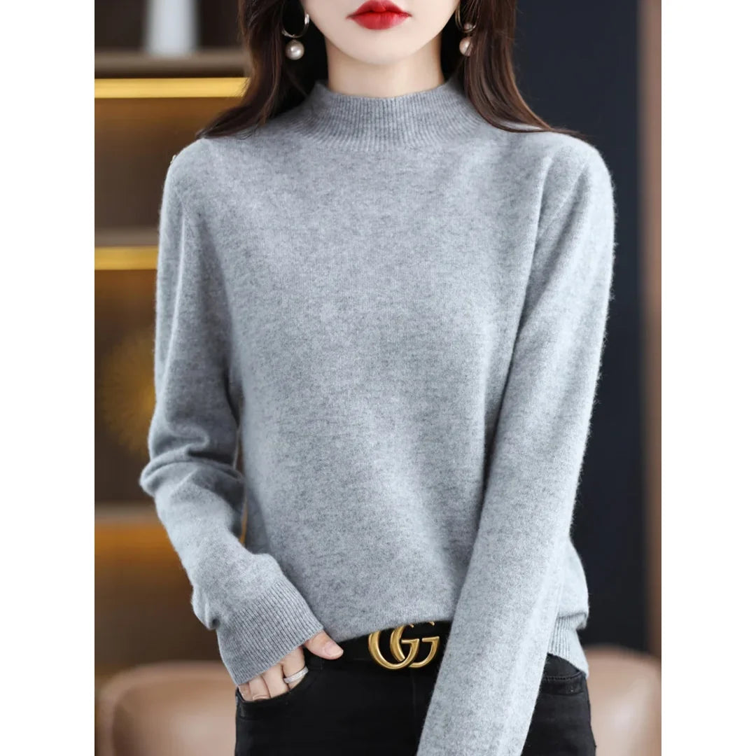 Women's grey fine knit mock neck sweater